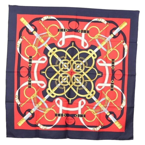HERMES Carre 90 Scarf ""Sellier Eperon d’or"" Silk Red Navy Auth 138496 - Picture 1 of 15